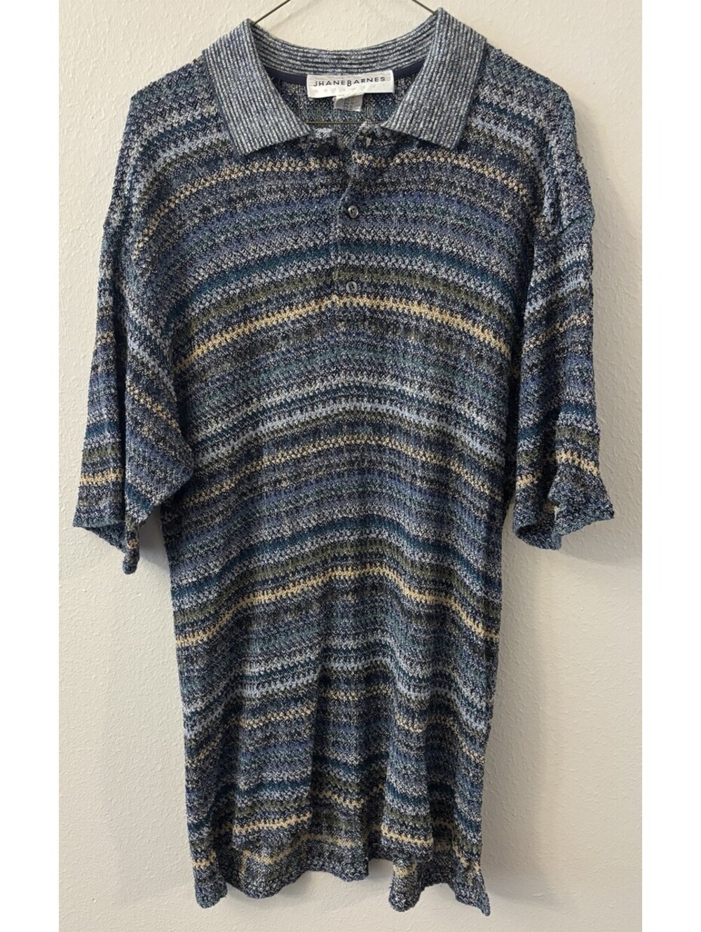 Jhane Barnes Polo Shirt Blue Yellow Brown Stripe Retro Men’s Large